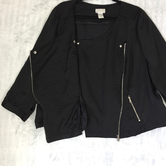 Cross Front Top Womens 22 Snaps Angled Zipper Black Poly Lightweight Pockets - Picture 3 of 13